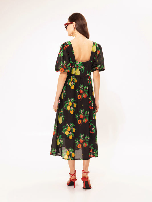 SQUARE-NECK MIDI DRESS FRUITS