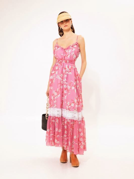 TIERED CHIFFON MAXI DRESS AMIGDALIA PINK