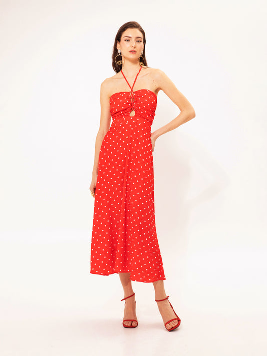LACE-UP DETAIL MIDI DRESS POUA RED