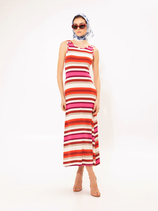 RIBBED MIDI DRESS STRIPES FUCHSIA