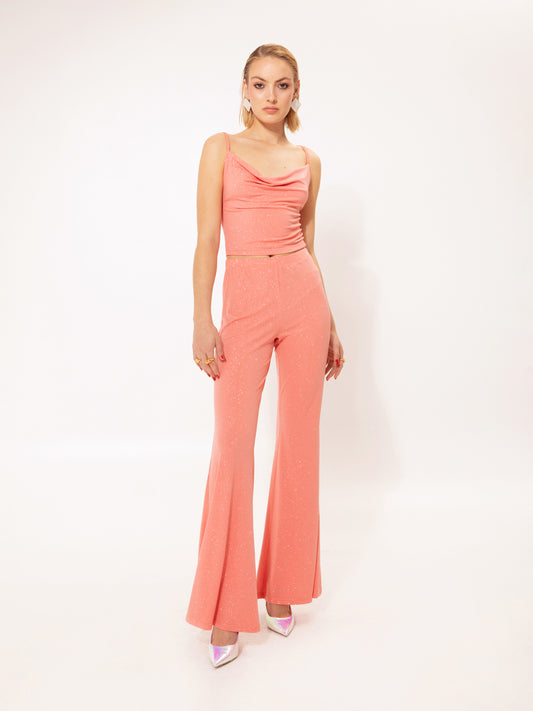 FLARED JERSEY PANTS CORAL GLITTER