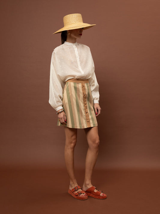 BUTTON POPLIN MINI SKIRT - STRIPES OLIVE