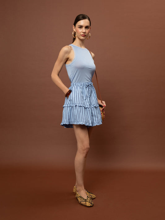RUFFLED POPLIN SHORTS - STRIPES LIGHT BLUE