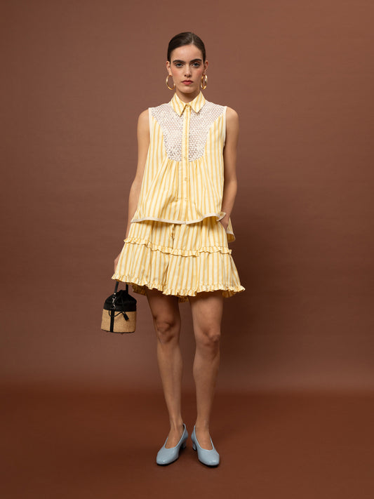 RUFFLED POPLIN SHORTS - STRIPES YELLOW
