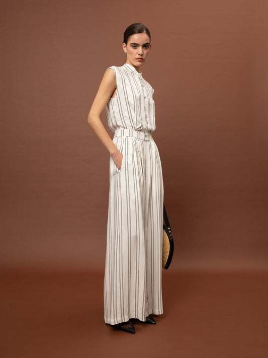 WIDE-LEG PLEATED PANTS - STRIPES BLACK