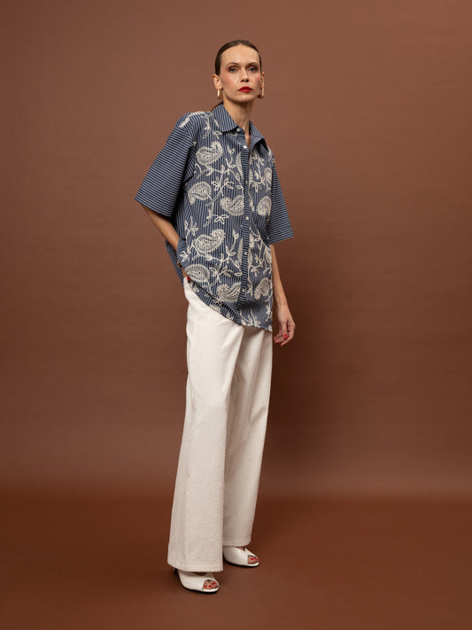 BRODERIE POPLIN SHIRT - STRIPES BLUE