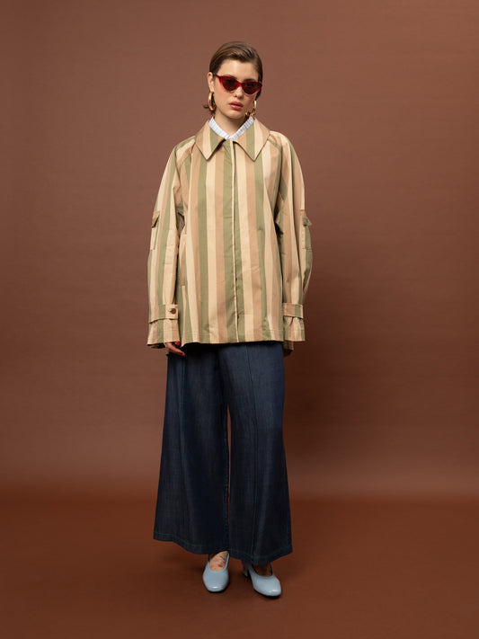 SHORT TRENCH COAT - STRIPES OLIVE