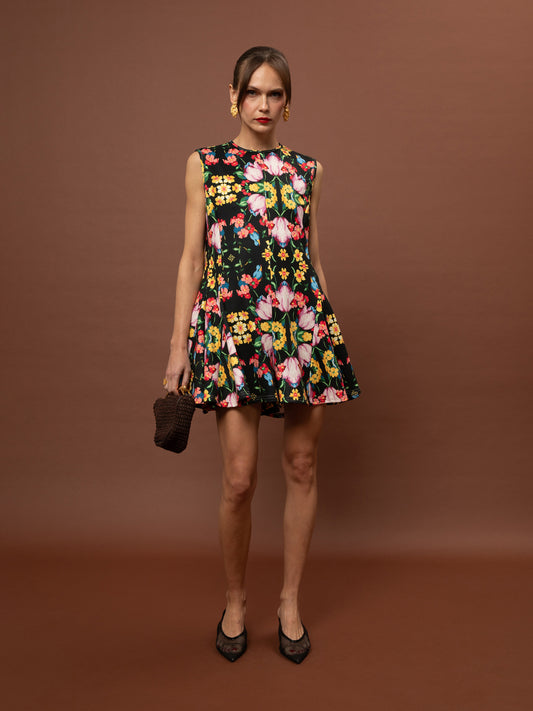 FLARED FUTTER PLAYSUIT - BLOSSOMS BLACK