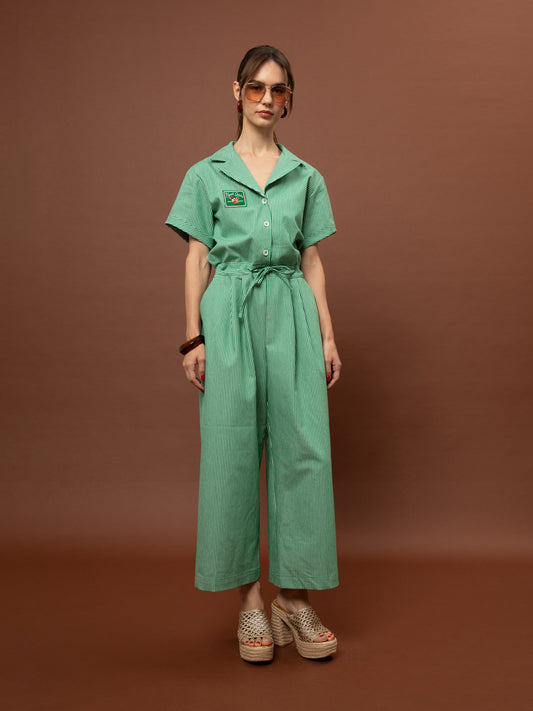 LOOSE DENIM STRIPED JUMPSUIT - GREEN