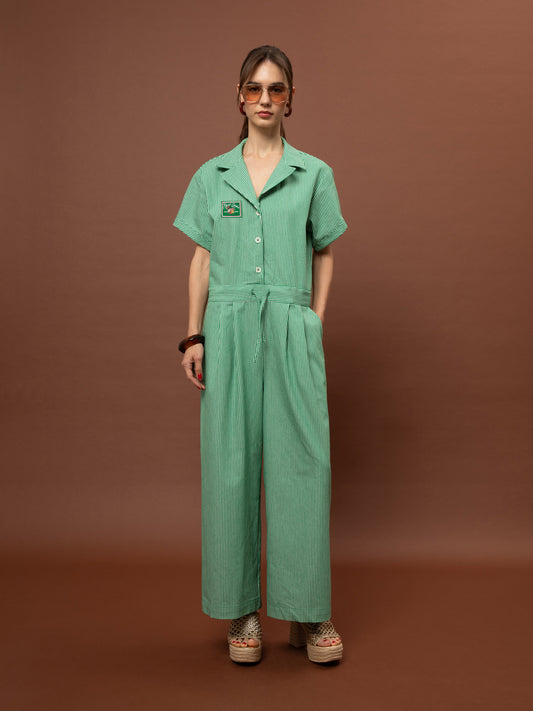 LOOSE DENIM STRIPED JUMPSUIT - GREEN