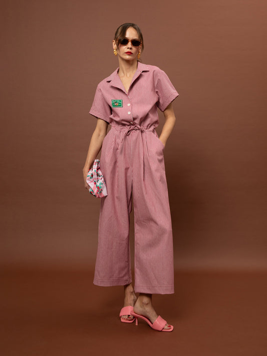 LOOSE DENIM STRIPED JUMPSUIT - RED