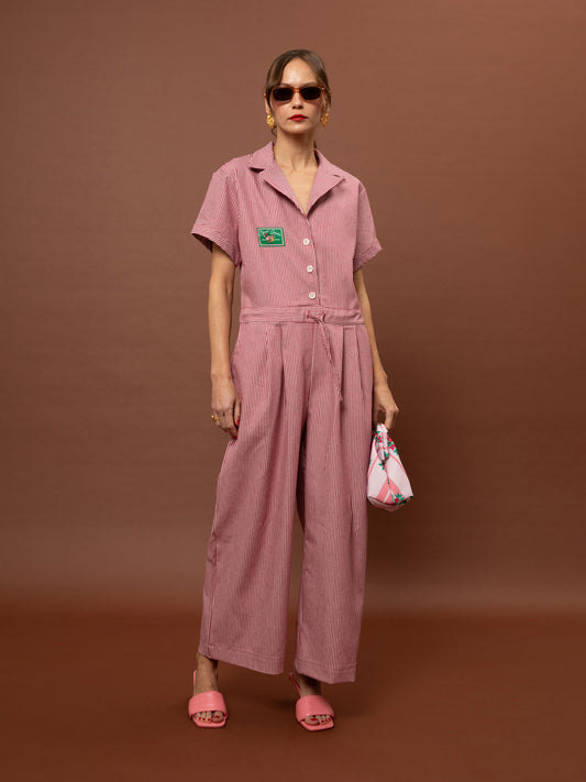 LOOSE DENIM STRIPED JUMPSUIT - RED