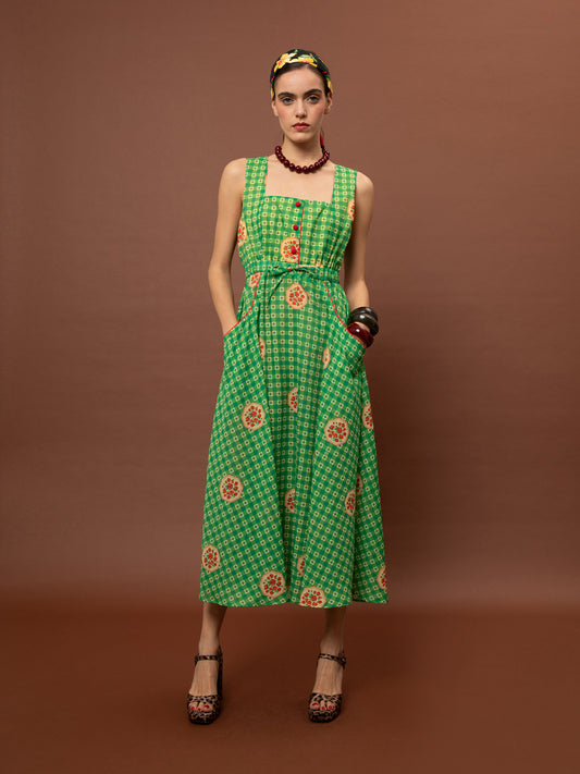 SQUARE NECK COTTON DRESS - PICNIC GREEN