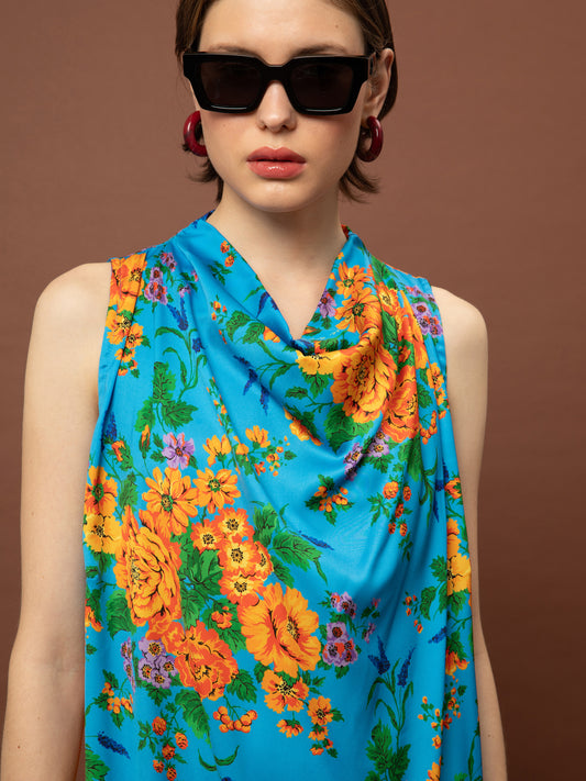 DRAPED SATIN MAXI DRESS - TAPETSARIA AQUA