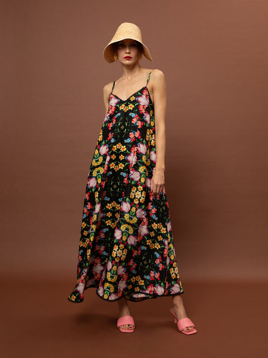A-LINE MAXI DRESS BLOSSOMS BLACK