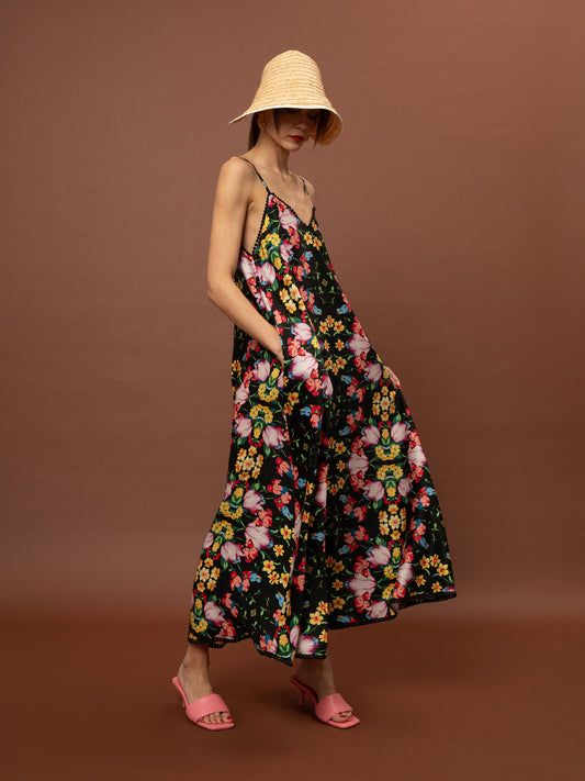 A-LINE MAXI DRESS BLOSSOMS BLACK