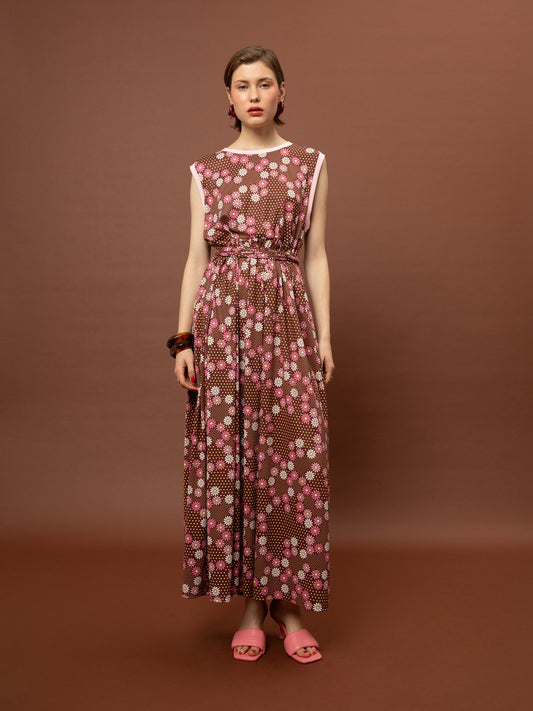 SLEEVELESS COTTON DRESS - DAISIES CHOCO