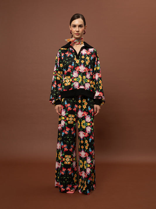 FUTTER POLO TOP - BLOSSOMS BLACK