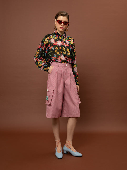 OVERSIZED CHIFFON SHIRT - BLOSSOMS BLACK