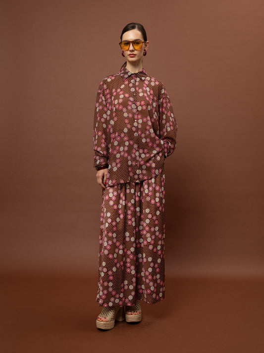OVERSIZED CHIFFON SHIRT - DAISIES CHOCO