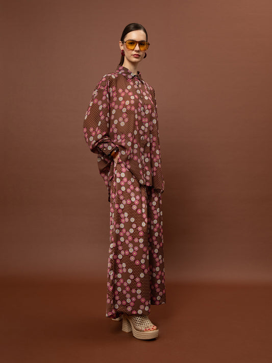 OVERSIZED CHIFFON SHIRT - DAISIES CHOCO