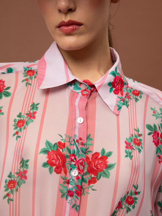 OVERSIZED CHIFFON SHIRT - STRIPES ROSES