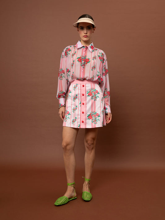 OVERSIZED CHIFFON SHIRT - STRIPES ROSES