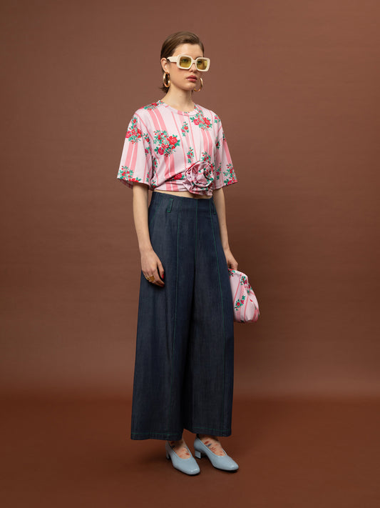 ROSE CROPPED T-SHIRT - STRIPES ROSES