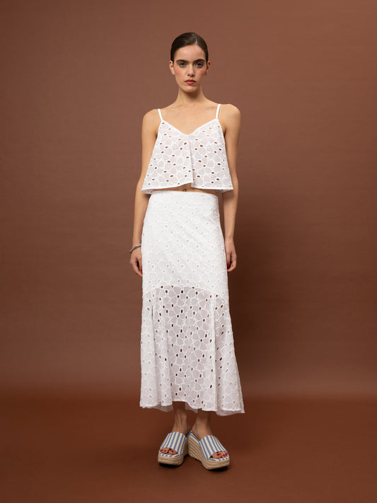 FLARED BRODERIE TOP - WHITE