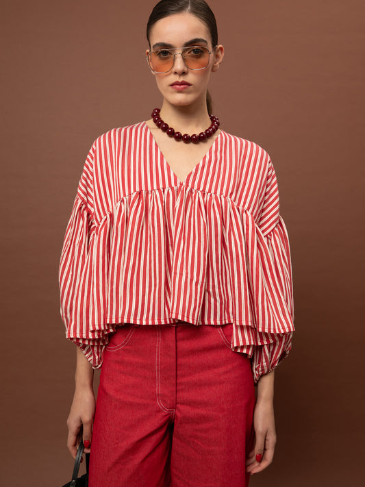 RUFFLED STRIPED BLOUSE - RED