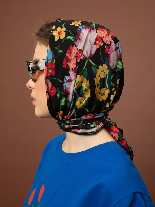 CHIFFON SCARF - BLOSSOMS BLACK