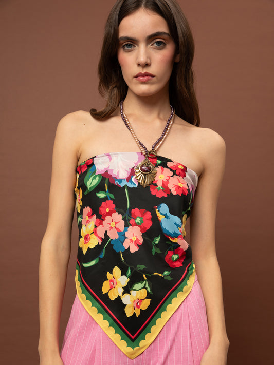 SATIN SCARF/TOP - BLOSSOMS BLACK