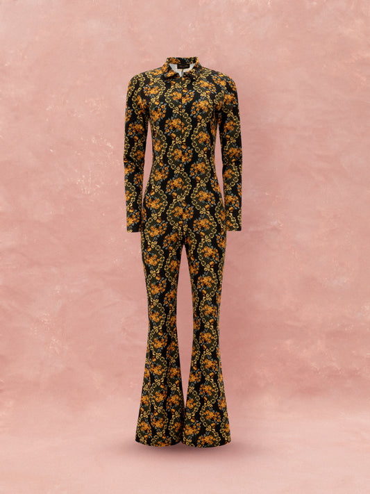 FLARED JUMPSUIT - LACE BOUQUET BLACK