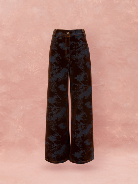 WIDE LEG DENIM/VELVET PANTS - BROWN