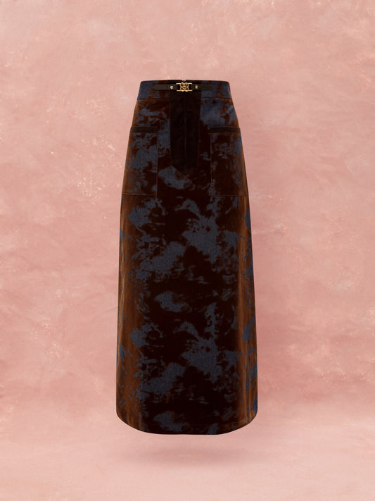 DENIM/VELVET STRAIGHT MIDI SKIRT - BROWN