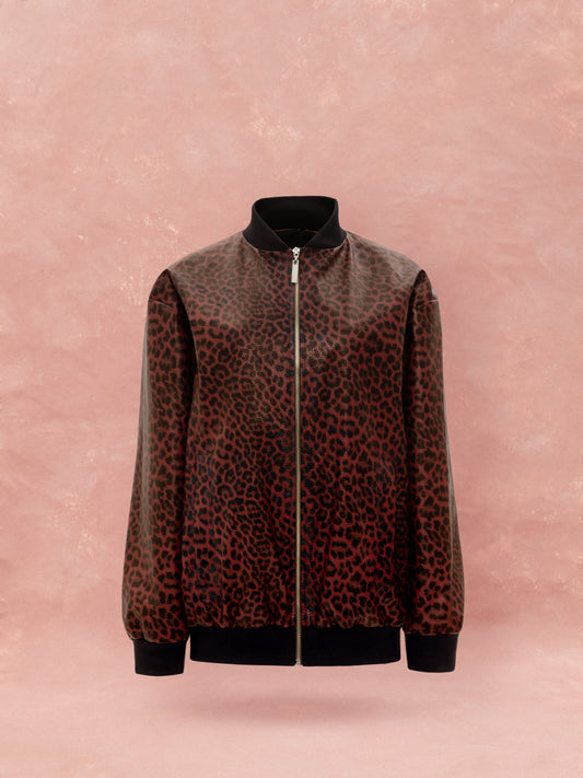 LEOPARD VEGAN-LEATHER BOMBER JACKET - BURGUNDY