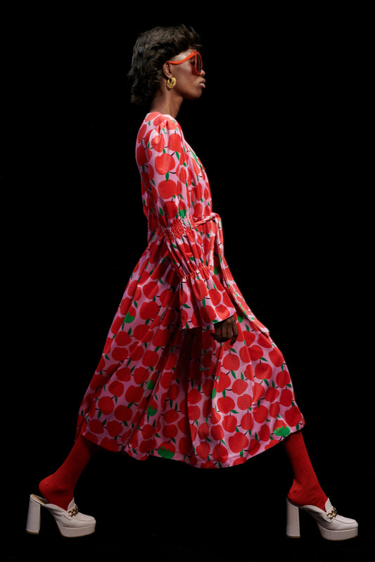 EMPIRE-WAIST VELVET MIDI DRESS APPLES