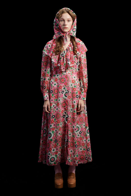 V-BUST RUFFLED SHIRTDRESS FLORAL PINK