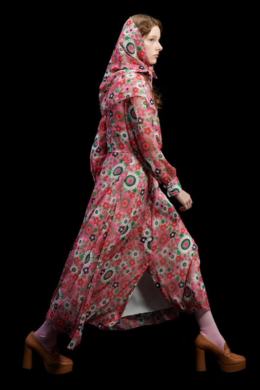 V-BUST RUFFLED SHIRTDRESS FLORAL PINK