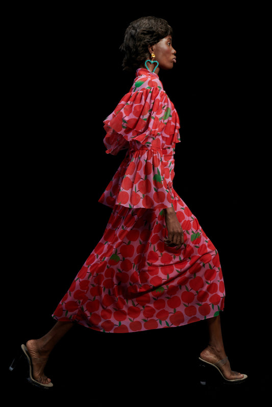 MESH RUFFLE DRESS APPLES