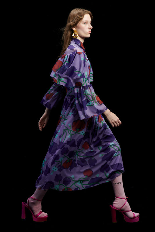 MESH RUFFLE DRESS PUMPKINS PURPLE