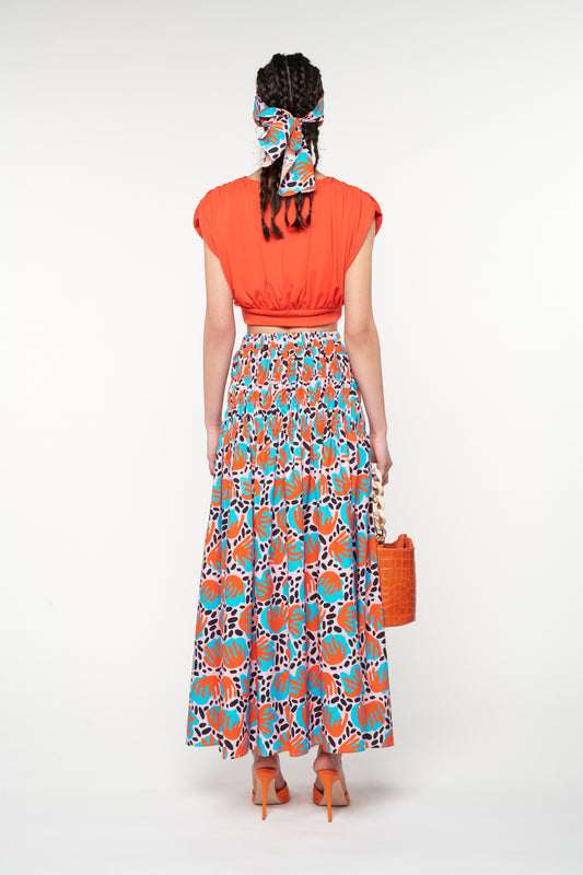 SHIRRED LONG SKIRT - CORAL & PEBBLES