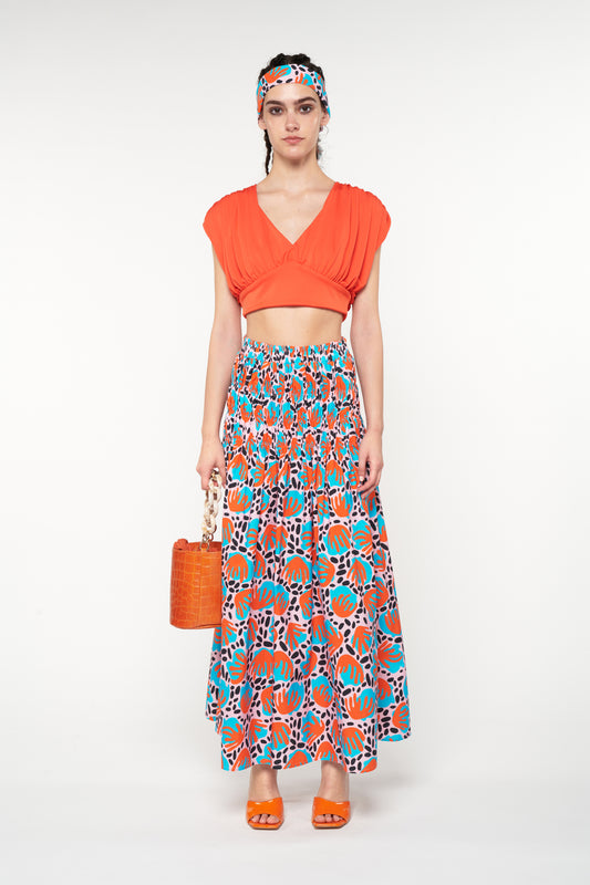 SHIRRED LONG SKIRT - CORAL & PEBBLES