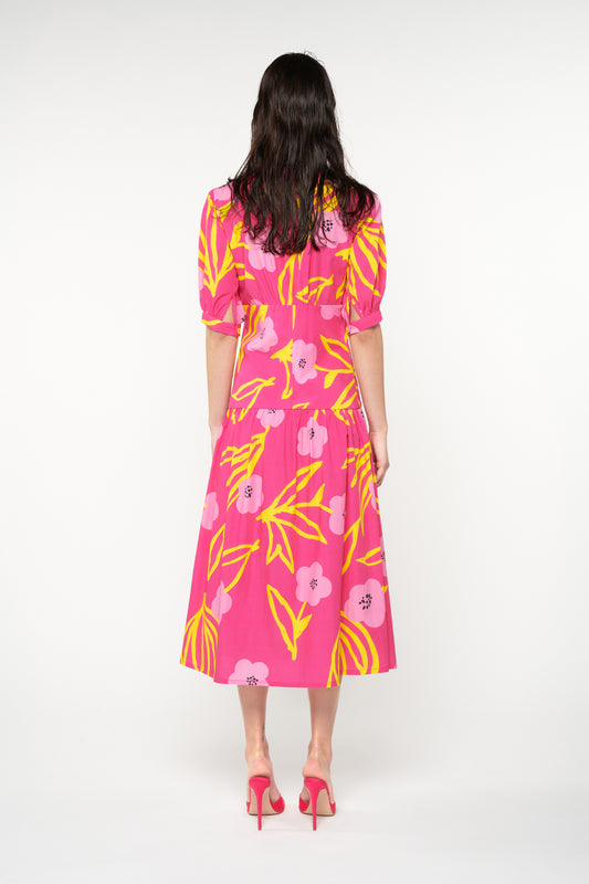 FITTED-WAIST MIDI SHIRTDRESS - FLORAL FUCHSIA