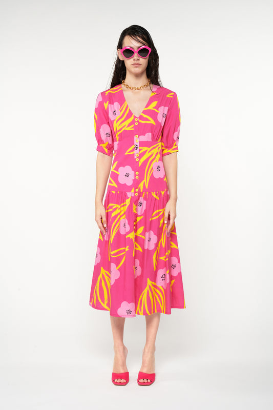 FITTED-WAIST MIDI SHIRTDRESS - FLORAL FUCHSIA