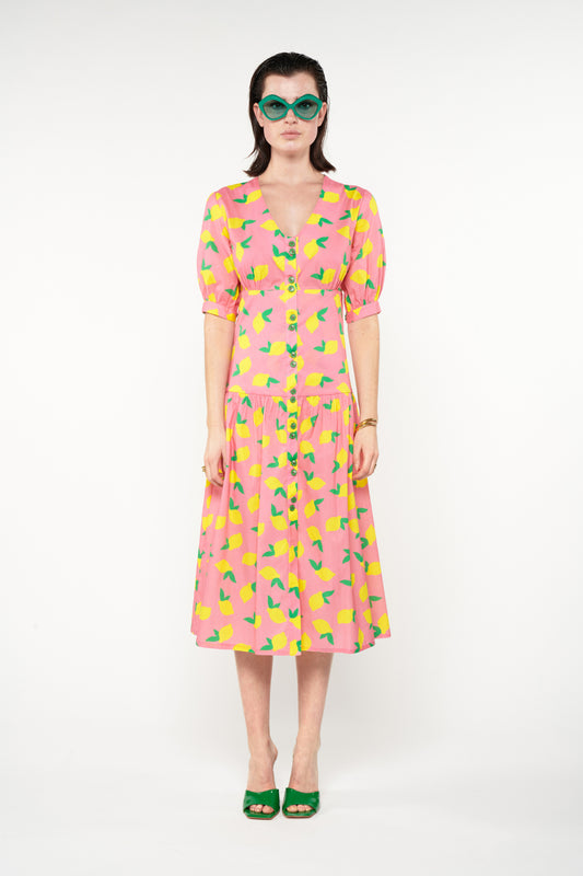 FITTED-WAIST MIDI SHIRTDRESS - LEMONS