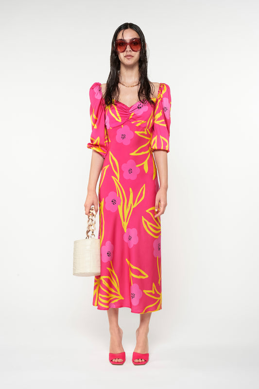 SWEETHEART MIDI DRESS - FLORAL FUCHSIA