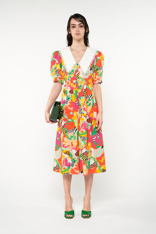 BRODERIE COLLAR MIDI DRESS - PSYCHEDELIA GREEN