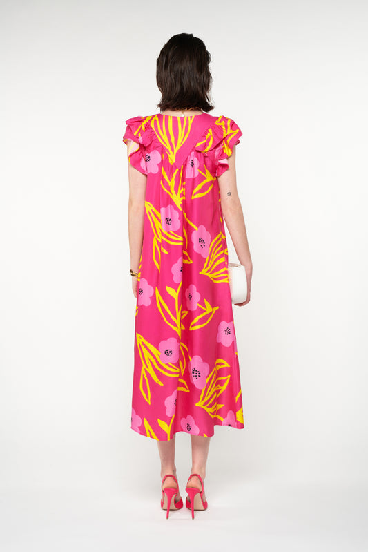 RUFFLED-SHOULDERS MIDI DRESS - FLORAL FUCHSIA