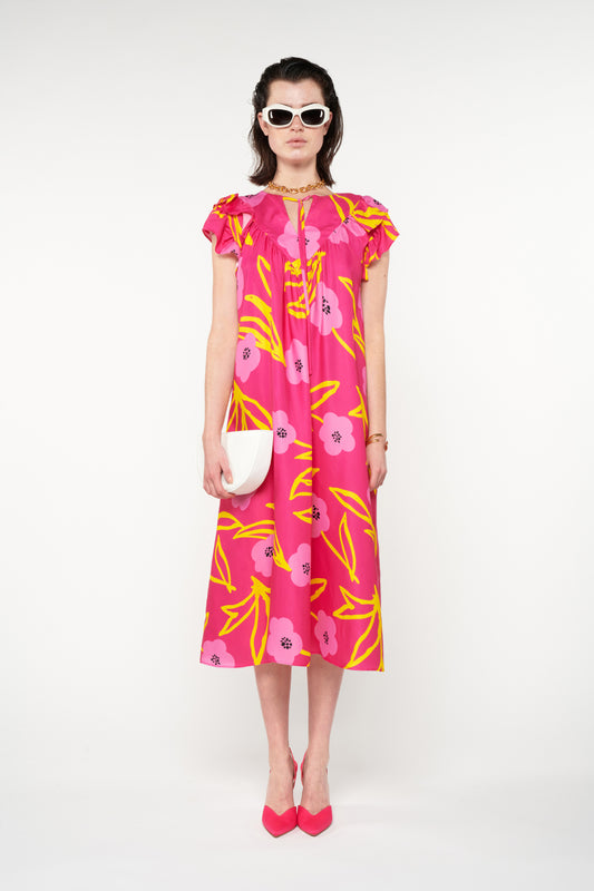 RUFFLED-SHOULDERS MIDI DRESS - FLORAL FUCHSIA